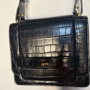 JW PEI Black Croc-Embossed adjustable Crossbody with Gold Logo